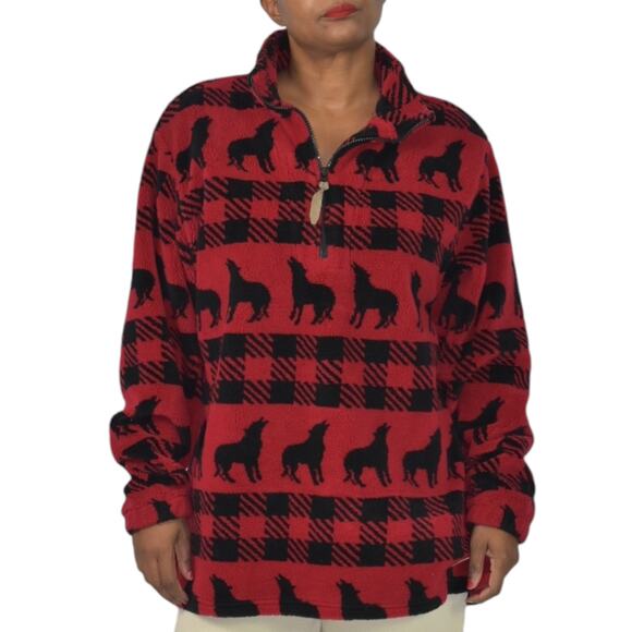 Woolrich Sherpa Fleece Jacket Red Quarter Zip Wolf Buffalo Plaid Blanket Large - Picture 11 of 16